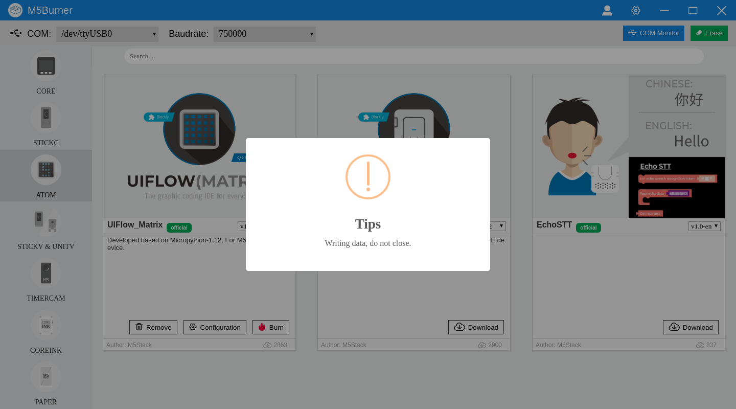 m5burner write message, this stalls and config fails